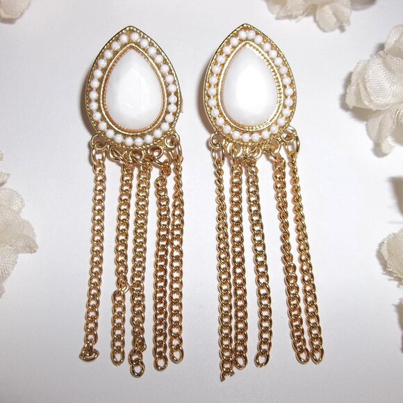 White and Gold Statement Earrings Chain Fringe Post Statement Big Bold Set D048 - Picture 1 of 4